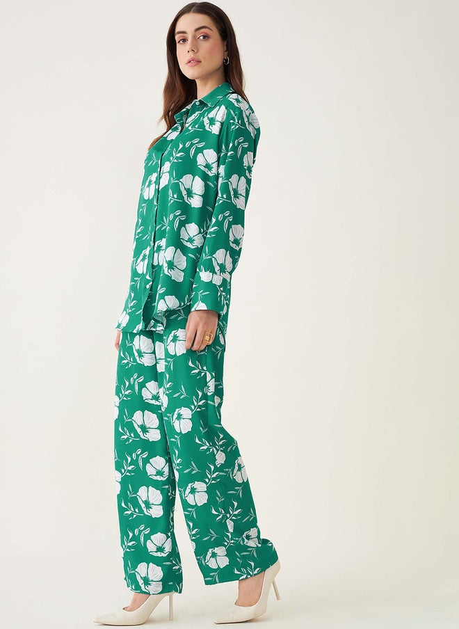 SALT ATTIRE Green & White Printed Shirt and Flared Trouser Co-Ords - Image 3
