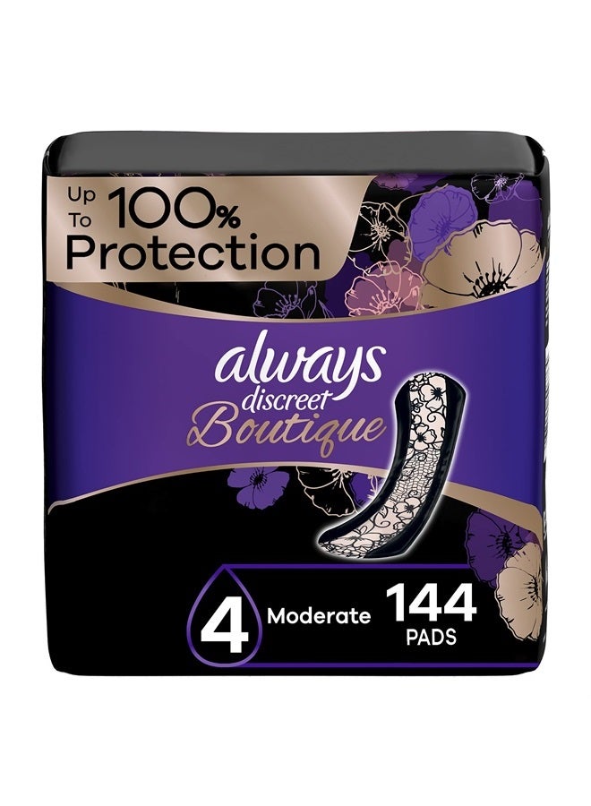 Always Discreet Boutique Adult Incontinence & Postpartum Pads For Women, Size 4, Moderate Absorbency, Regular Length, 48 Count x 3 Packs (144 Count total) (Packaging May Vary) - Image 1