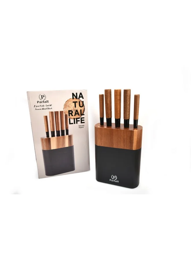 PARFAIT 5-Piece Kitchen Knife Set with Acacia Wood Block Brown and Black 36 x 8.5 x 22 cm N-A572BA2993