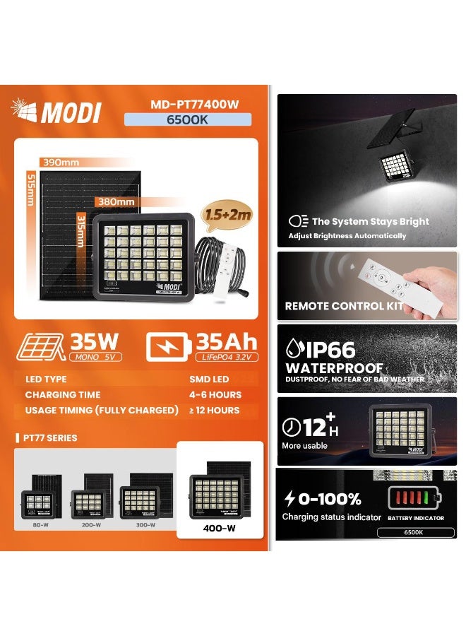 مودي مصابيح إضاءة خارجية تعمل بالطاقة الشمسية بقوة 400 وات، إضاءة الشوارع والمناطق، من الغسق حتى الفجر، مقاومة للماء IP65، استشعار ضوء 600 لومن، جهاز تحكم عن بعد - Image 4