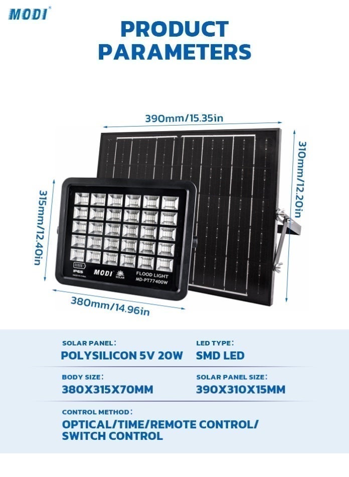 MODI 400W 6500K SMD LED Solar Wall Light, 12–18-Hour Runtime, 4–6-Hour Charging, 10ah Lifepo4 Battery, 10w Polysilicon Panel, Remote Timer And Light Sensor Control, Outdoor Security Flood Lamp - Image 3