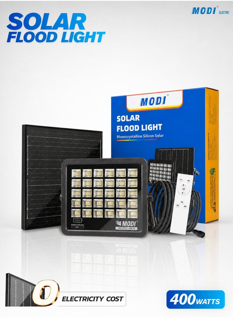 MODI 400W 6500K SMD LED Solar Wall Light, 12–18-Hour Runtime, 4–6-Hour Charging, 10ah Lifepo4 Battery, 10w Polysilicon Panel, Remote Timer And Light Sensor Control, Outdoor Security Flood Lamp - Image 1