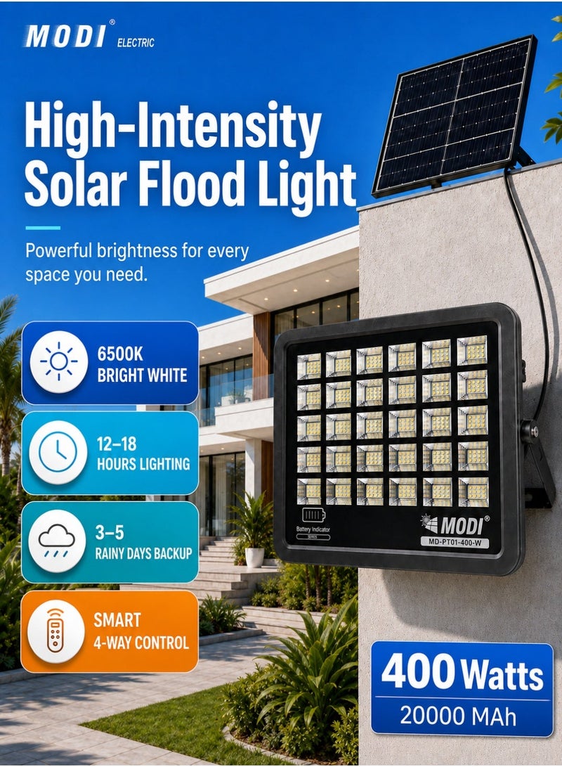 MODI 400W 6500K SMD LED Solar Wall Light, 12–18-Hour Runtime, 4–6-Hour Charging, 10ah Lifepo4 Battery, 10w Polysilicon Panel, Remote Timer And Light Sensor Control, Outdoor Security Flood Lamp - Image 2