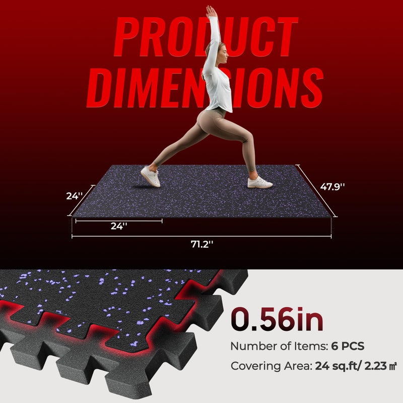 SUPERJARE 0.56'' Thick 6 Pcs 24 Sq Ft Rubber Top Exercise Equipment Mats, High Density EVA Foam Mats with Rubber Top, Interlocking Gym Flooring for Home Gym, Protective Workout Mat, Black/Grey - Image 3