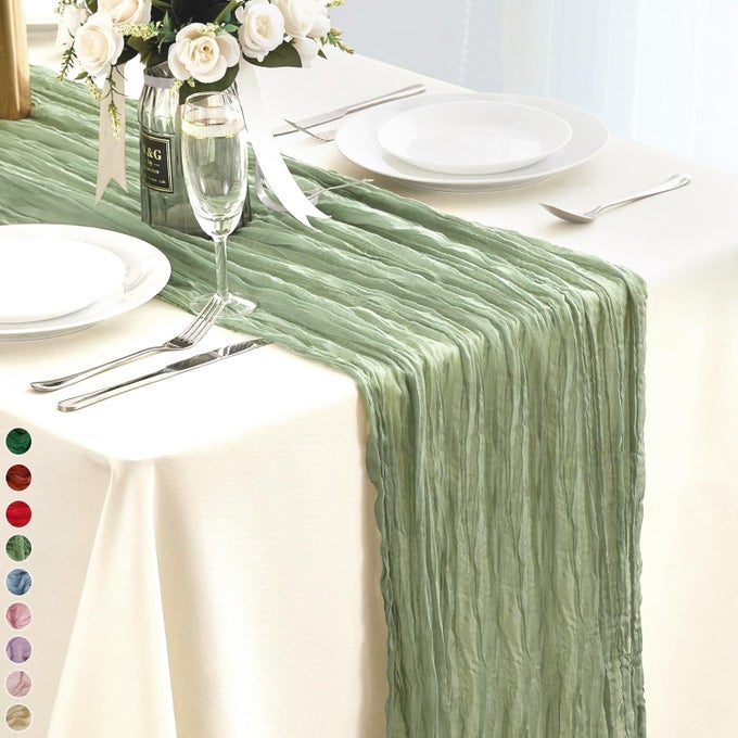CHEESECLOTH TABLE RUNNER SAGE GREEN 90X400CM RUSTIC GAUZE FABRIC TABLECLOTH SHEER BOHO WEDDING TABLE COVER CHEESE CLOTH TABLE DECORATION FOR HOLIDAY PARTY BABY BRIDAL SHOWER BIRTHDAY ARCH