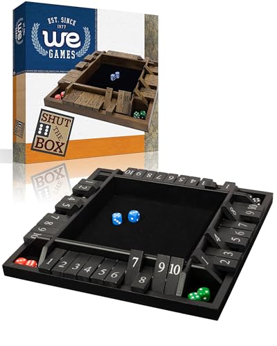 WE Games Wooden Shut The Box Game 4 Player 10 Number Tiles 8 Dice Large 14Inch Black Stained Wood Finish - Image 1