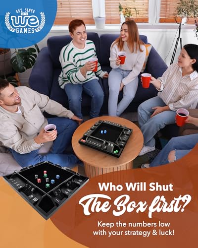 WE Games Wooden Shut The Box Game 4 Player 10 Number Tiles 8 Dice Large 14Inch Black Stained Wood Finish - Image 5