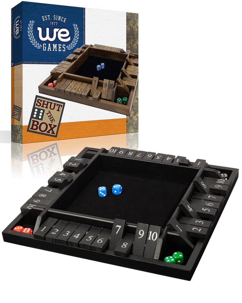 WE Games Wooden Shut The Box Game 4 Player 10 Number Tiles 8 Dice Large 14Inch Black Stained Wood Finish - Image 3