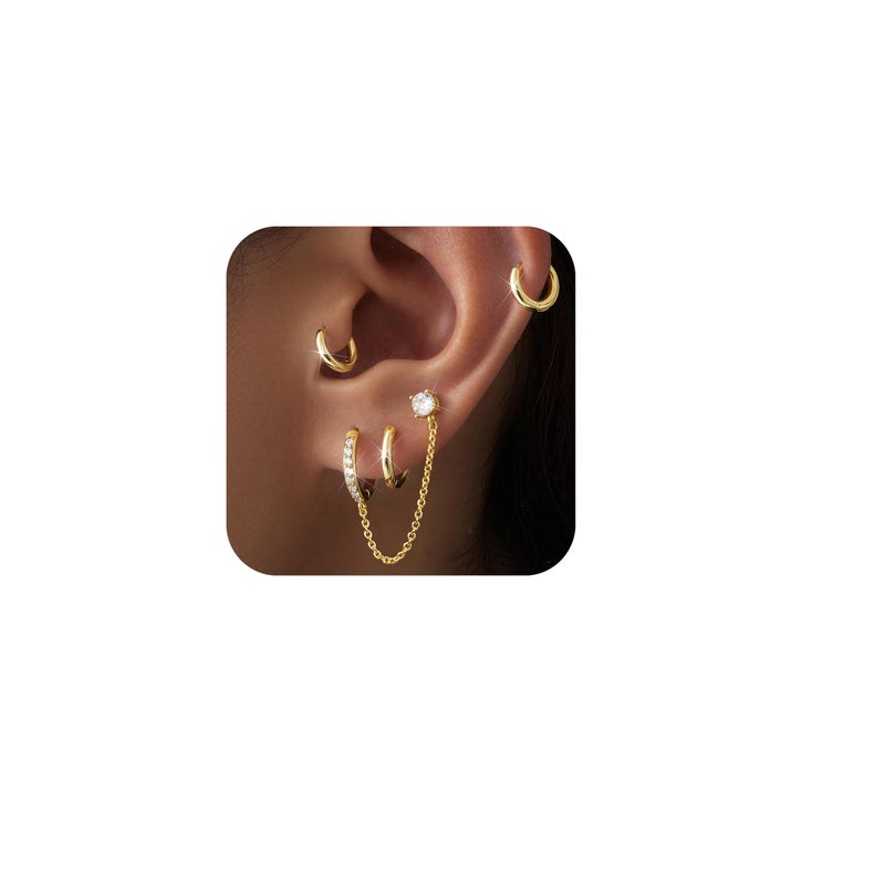 Gold Chain Hoop Stud Earrings for Women Huggie Small Stack Cartilage Chain Hoop Earring Sets for Multiple Double Piercing Conch Helix Rook Tragus Daith Piercing Clip On Jewelry Set Gifts for Women