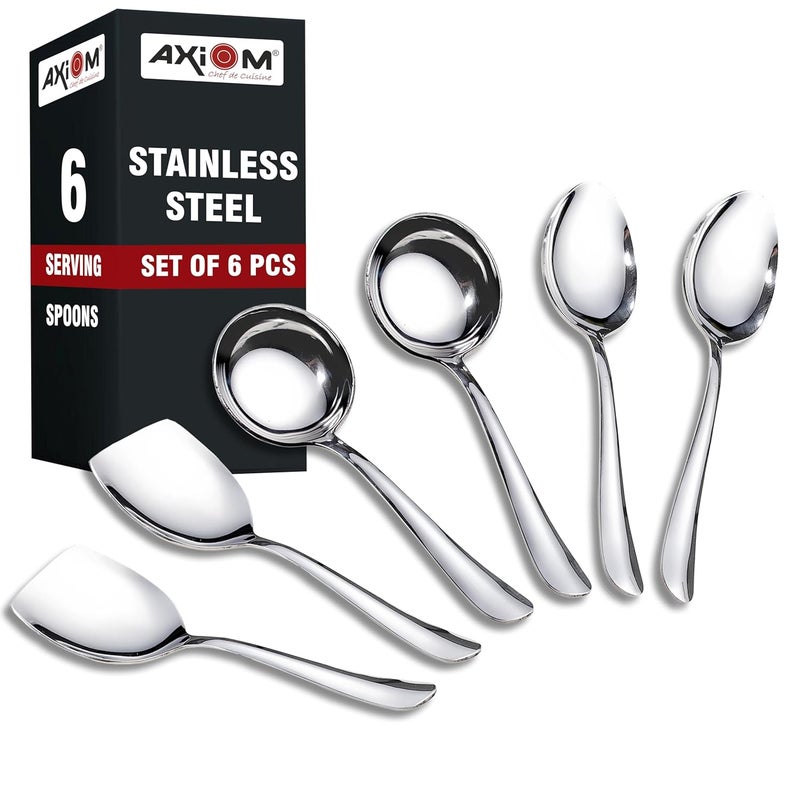 Axiom Axiom Stainless Steel Serving Tools 6 Piece Heavy Gauge NonStick Set Of 2 Soup Ladle Karchi 2 Solid Spoon Chamcha And 2 Rice Spoon For Serving SoupCurryDalRicePasta 23 Cm  - Image 1