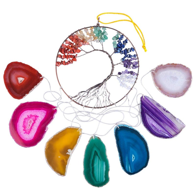 rockcloud 7 Chakra Tree of Life Wall Hanging Wind Chimes with Agate Slices Pendants Ornament Windows Hanging Ornament for Home Garden Decoration  Colorful - Image 2