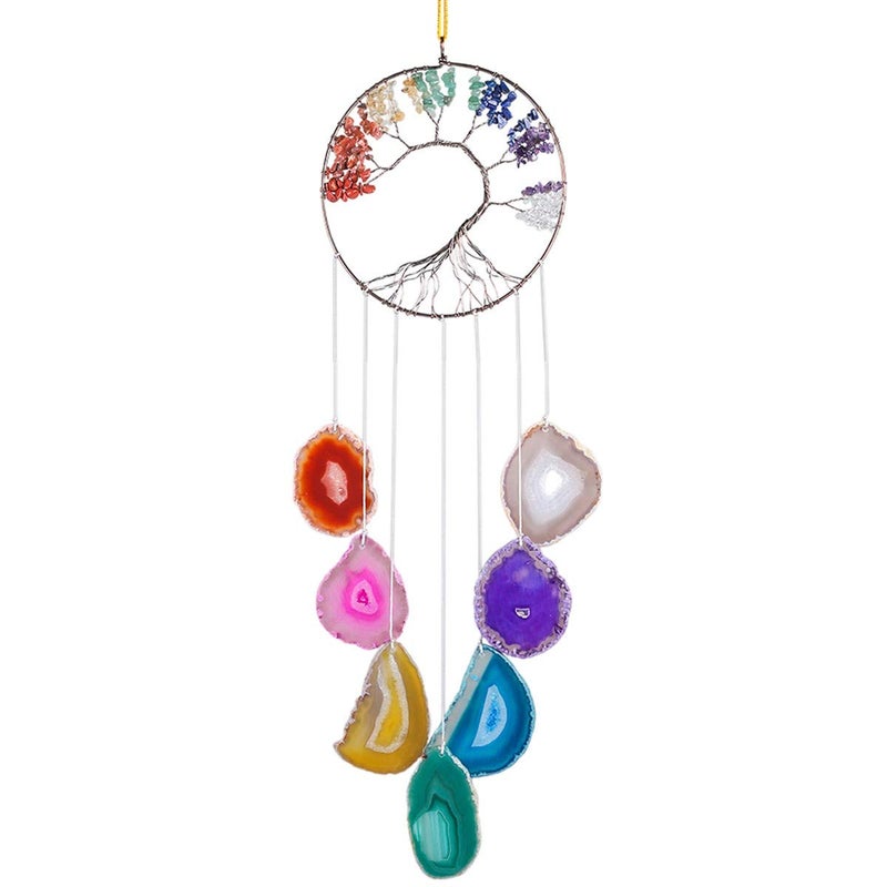 rockcloud 7 Chakra Tree of Life Wall Hanging Wind Chimes with Agate Slices Pendants Ornament Windows Hanging Ornament for Home Garden Decoration  Colorful - Image 1