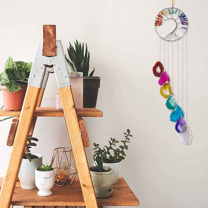 rockcloud 7 Chakra Tree of Life Wall Hanging Wind Chimes with Agate Slices Pendants Ornament Windows Hanging Ornament for Home Garden Decoration  Colorful - Image 3