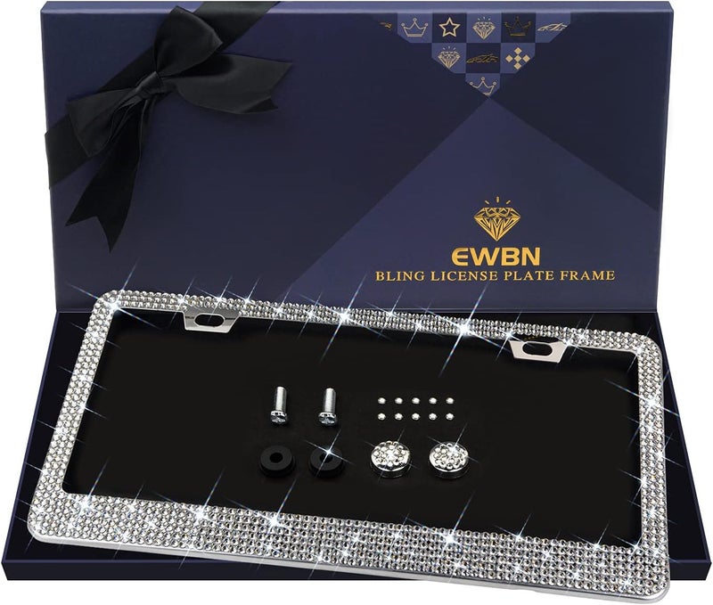 EWBN 1Pack Bling Rhinestone License Plate Frame for Women，Diamond Sparkly License Plate Frames| Stainless Steel Frames & Over 1200 pcs Finest 14 Facets Black Glass Crystals Premium Diamond+GiftBox (White) - Image 1