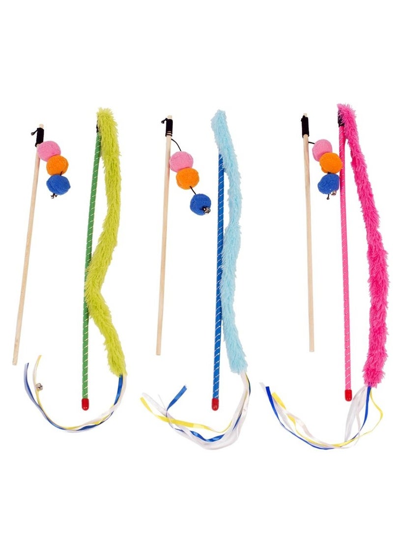 3Pc Cat Playing Feather Rod Set Plush Tail With Balls Multicolor