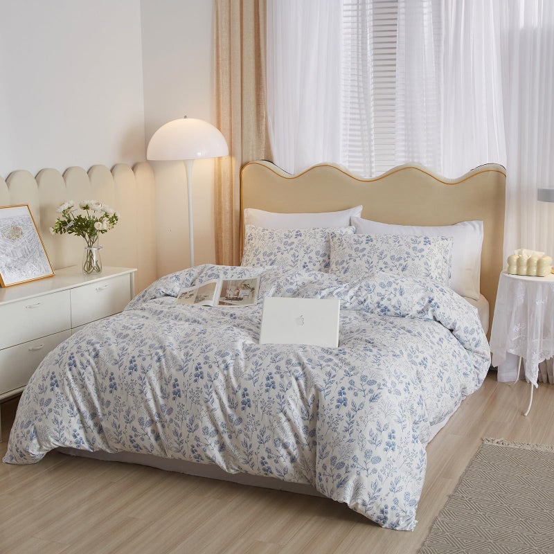 EAVD Fresh Blue Floral Duvet Cover Queen Soft 100% Cotton Garden Floral Aesthetic Bedding Set with 2 Pillowcases Cottagecore Botanical Duvet Cover with Zipper Closure - Image 2