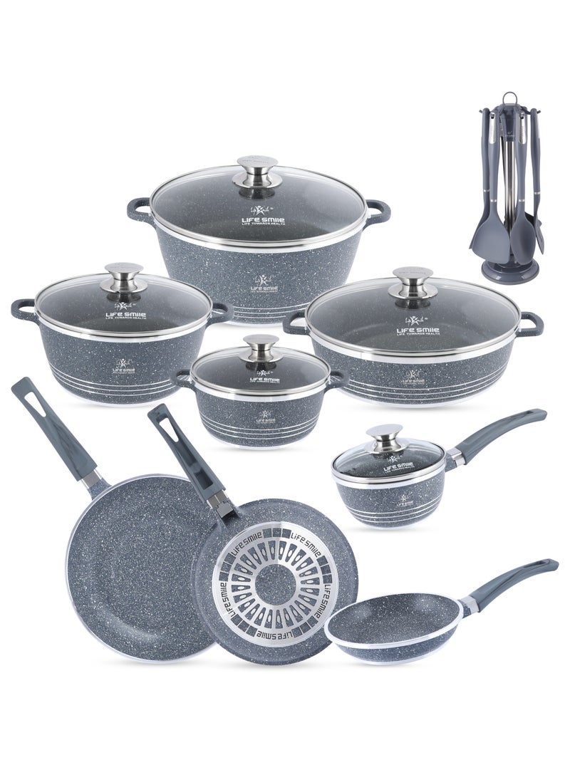 Life Smile 20 Pcs Nonstick Cookware Set with 10X Tougher Coating Granite Cookwares, Oven Safe Cooking Set , Aluminium,Ceramic & Gas Compatible PFOS, PFOA Free Cooking Pot Set – Includes Casserole 2.3,4.1& 6.9L with lid,3.9LShallow Pot with lid,Sauce Pan 1.3L with lid, 2.5,1.6 &1L Nonstick Frying pan & 7pcs Kitchen Tools Set  - Image 1