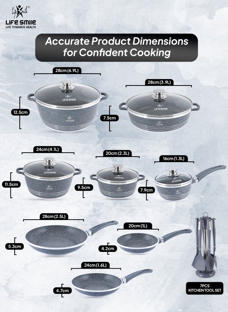 Life Smile 20 Pcs Nonstick Cookware Set with 10X Tougher Coating Granite Cookwares, Oven Safe Cooking Set , Aluminium,Ceramic & Gas Compatible PFOS, PFOA Free Cooking Pot Set – Includes Casserole 2.3,4.1& 6.9L with lid,3.9LShallow Pot with lid,Sauce Pan 1.3L with lid, 2.5,1.6 &1L Nonstick Frying pan & 7pcs Kitchen Tools Set  - Image 3