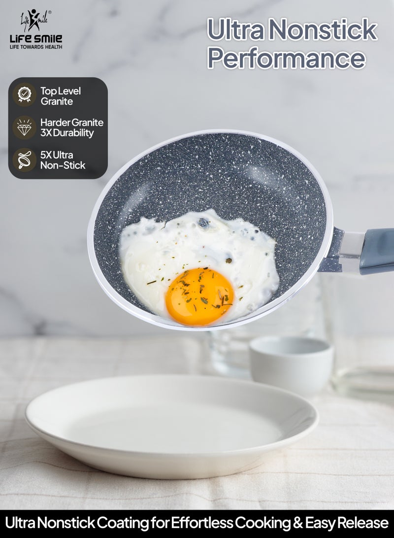 Life Smile 20 Pcs Nonstick Cookware Set with 10X Tougher Coating Granite Cookwares, Oven Safe Cooking Set , Aluminium,Ceramic & Gas Compatible PFOS, PFOA Free Cooking Pot Set – Includes Casserole 2.3,4.1& 6.9L with lid,3.9LShallow Pot with lid,Sauce Pan 1.3L with lid, 2.5,1.6 &1L Nonstick Frying pan & 7pcs Kitchen Tools Set  - Image 5