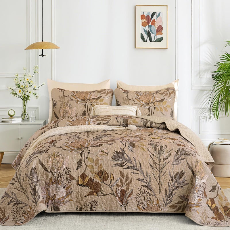 Dintszyayue Quilt Queen Size Brown, 3 Pieces Boho Floral Bedspread Bedding for Queen Size Bed, Soft Lightweight Microfiber Coverlet Set for All Season Quilt with 2 Pillowcases - Image 1