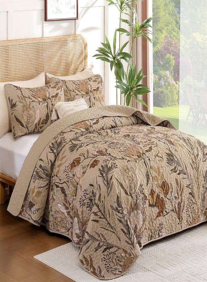 Dintszyayue Quilt Queen Size Brown, 3 Pieces Boho Floral Bedspread Bedding for Queen Size Bed, Soft Lightweight Microfiber Coverlet Set for All Season Quilt with 2 Pillowcases - Image 2