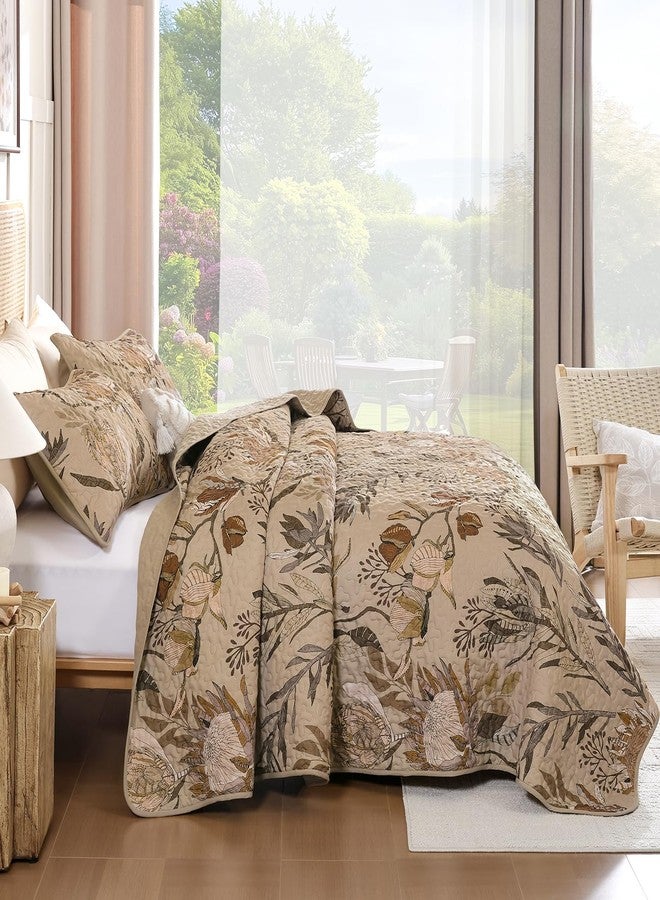 Dintszyayue Quilt Queen Size Brown, 3 Pieces Boho Floral Bedspread Bedding for Queen Size Bed, Soft Lightweight Microfiber Coverlet Set for All Season Quilt with 2 Pillowcases - Image 3