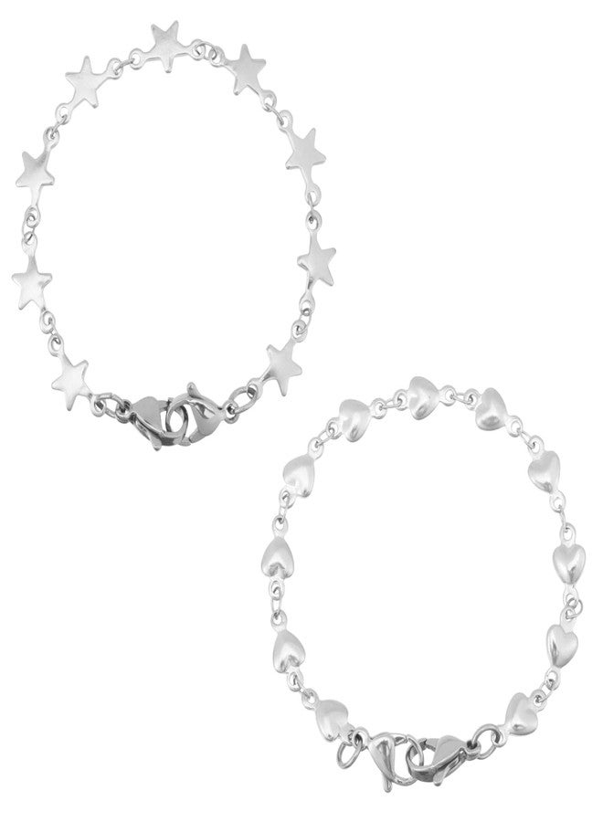 CHGCRAFT 2pcs Heart Link Stainless Steel Interchangeable Medical Alert Bracelet 304 Stainless Steel Star Heart Link Chain Bracelet Making for Fashion Medical bracelets, 5.9inch - Image 1