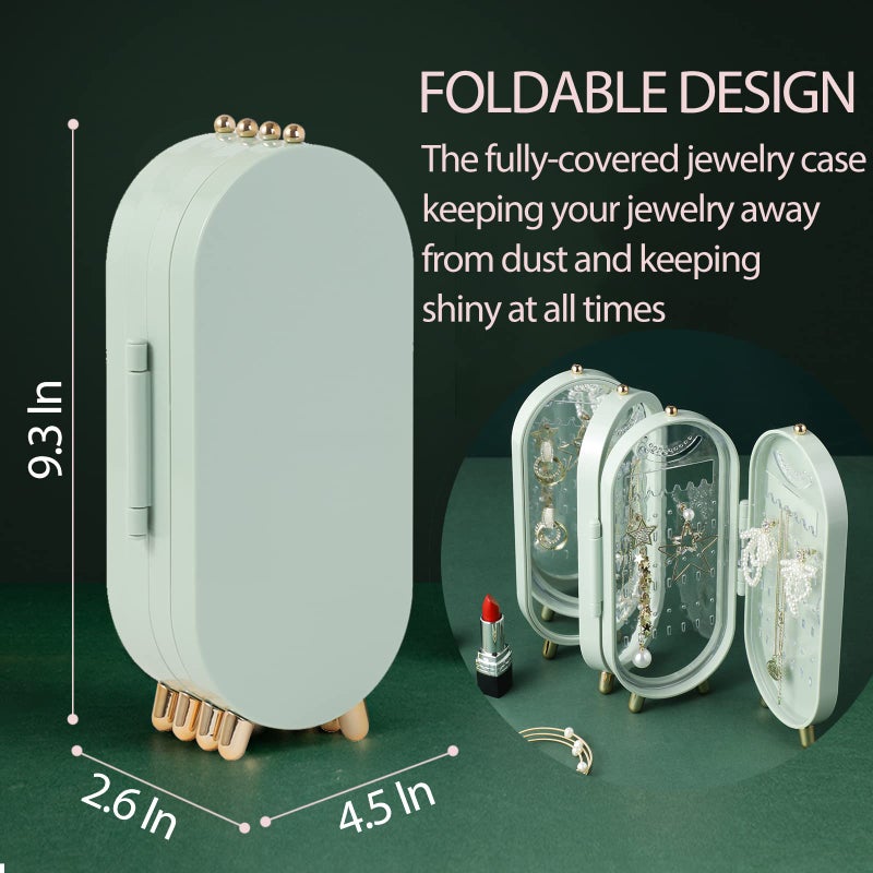 Lejesth Foldable Earring Holder Jewelry Organizer Box with Mirror, 4-Layer Dustproof Earring Necklace Display Stand Jewelry Box with 153 Holes for Women and Girls, Gifts for Girl (Light Green) - Image 2
