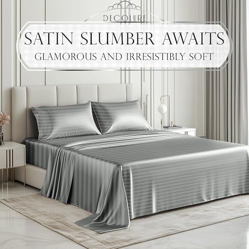 DECOLURE Satin Bed Sheets 4 Piece Luxury Silky King Size Bedding Set Softer Than Silk WrinkleFree with 15 Deep Pocket Fitted Sheet Perfect for Hair Skin Gifts for Women Striped Grey - Image 3