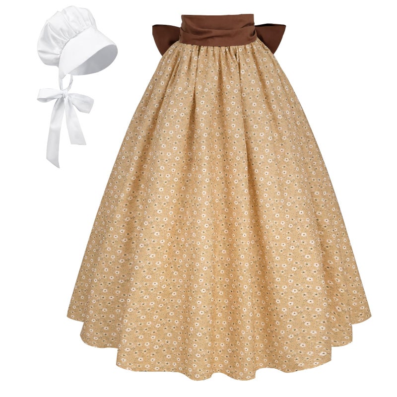 NSPSTT Women Pioneer Colonial Skirt Girls Peasant Prairie Skirt Civil War Trek Floral Costume, Brown - Image 1