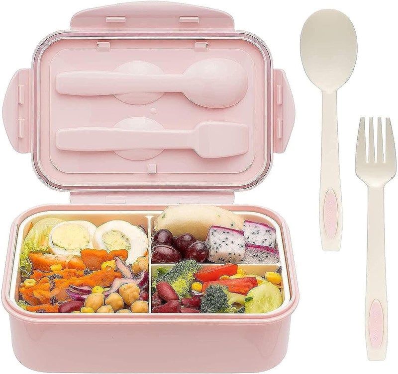 YumLock Bento Box, 3 Compartments 1400ml Lunch Box For Kids and Adults with Reusable Spoon and Fork, Leakproof Food Container for On the Go Meal, Microwave Safe (Pink) - Image 1