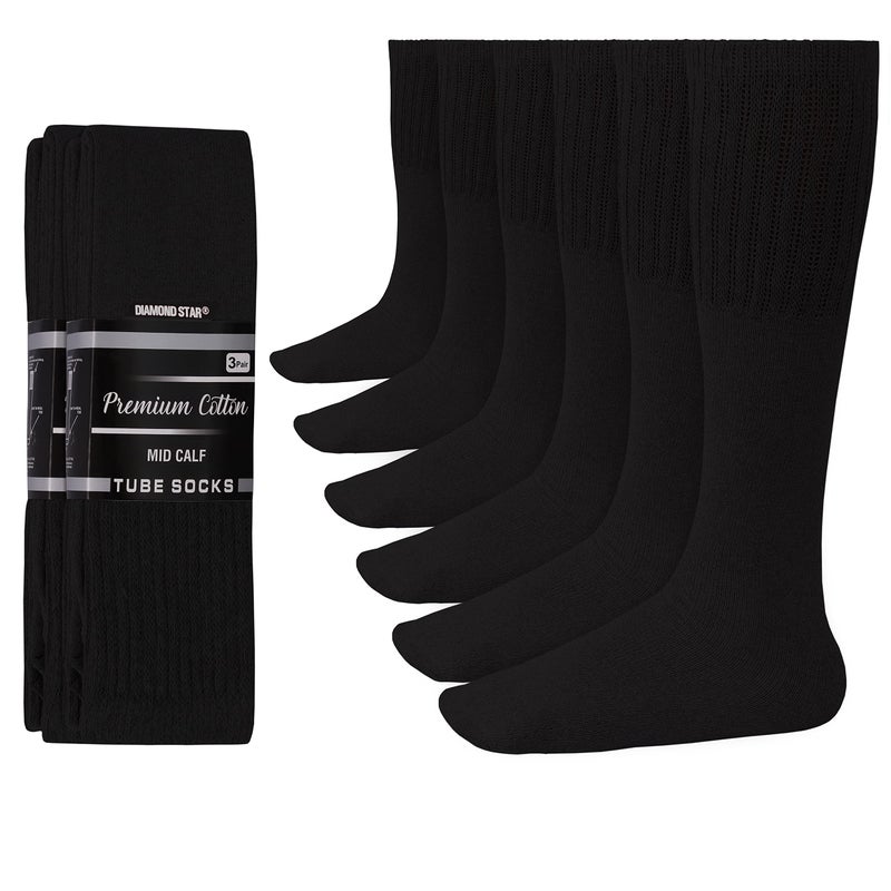 Diamond Star Men's Solid Cushioned Athletic Sports Tube Socks Running Premium Soft Cotton 6 Pair Pack Size OVER THE CALF - BIG & TALL (6 Pairs White, 10-15 Mid Calf Socks Length 26")