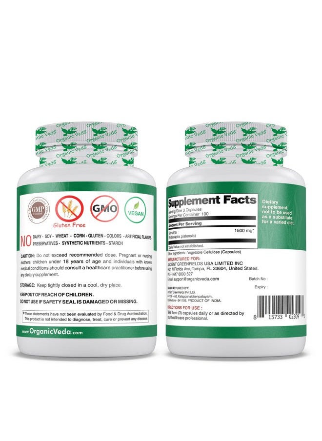 Organic Veda - Spirulina Capsules, 1500mg - Green Superfood Dietary Supplement - Organic Blue-Green Algae Packed with Nutrients, Vitamins, Amino Acid, & Antioxidant - Vegan, Gluten-Free - 300 Count - Image 1
