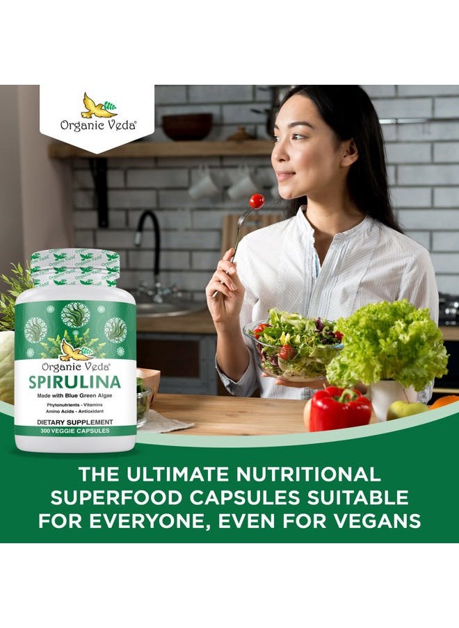 Organic Veda - Spirulina Capsules, 1500mg - Green Superfood Dietary Supplement - Organic Blue-Green Algae Packed with Nutrients, Vitamins, Amino Acid, & Antioxidant - Vegan, Gluten-Free - 300 Count - Image 1