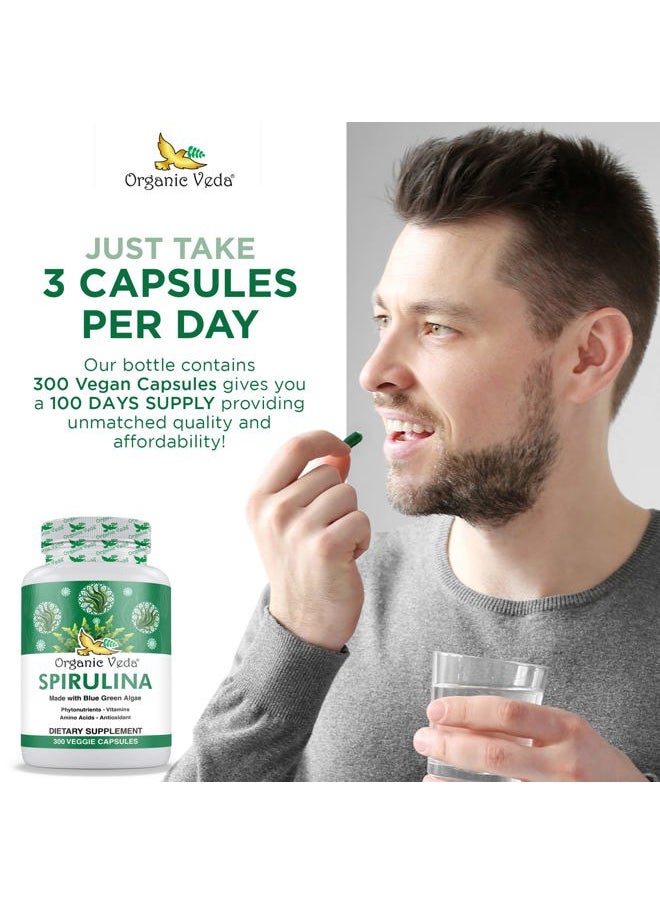 Organic Veda - Spirulina Capsules, 1500mg - Green Superfood Dietary Supplement - Organic Blue-Green Algae Packed with Nutrients, Vitamins, Amino Acid, & Antioxidant - Vegan, Gluten-Free - 300 Count - Image 1