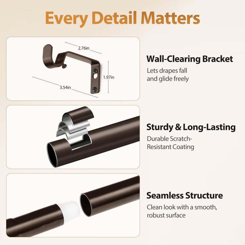 TONIAL Curtain Rod 32 to 58 Inch(2.6 to 4.8 ft), Adjustable Splicing Window Curtain Rods, 3/4 Drapery Rods for Windows 20 to 53 Inch, Decorative Single Rod with Modern Cap Finial, Bronze - Image 4