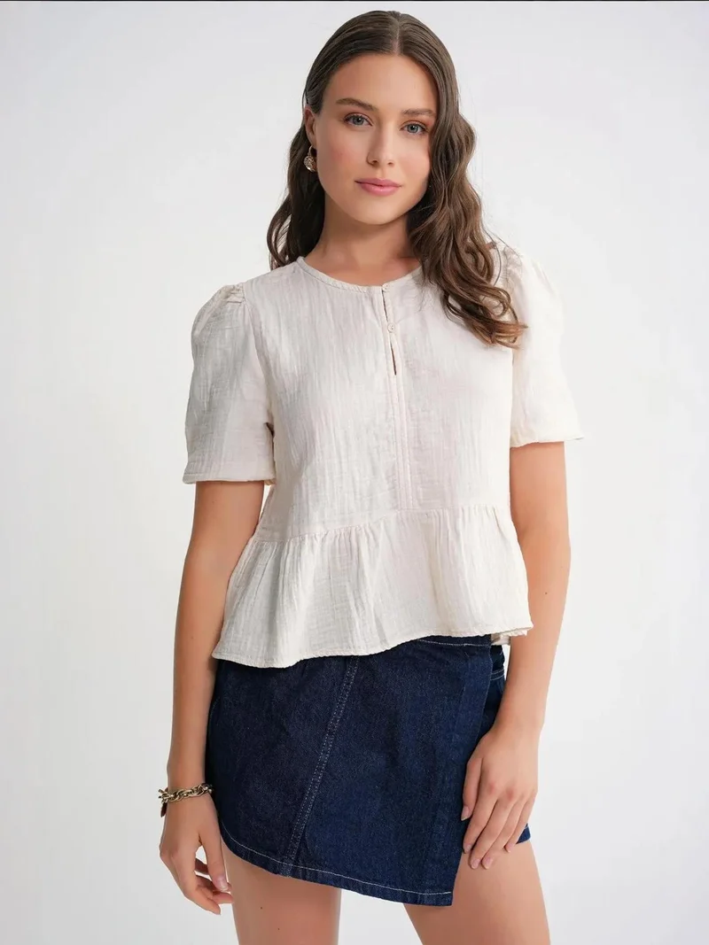 MixRay Mixray Textured Muslin Crew Neck Blouse with Button Closure