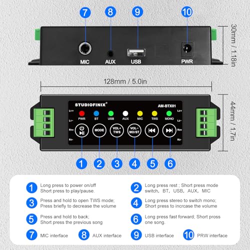 STUDIOFINIX STUODIOFINIX 4-Channel Mini Bluetooth Amplifier 120w for Passive Speakers with TWS,AUX,MIC,USB,Replacement Part,Suitable for Wall/Ceiling/Marine/Bookshelf Speakers - Image 2