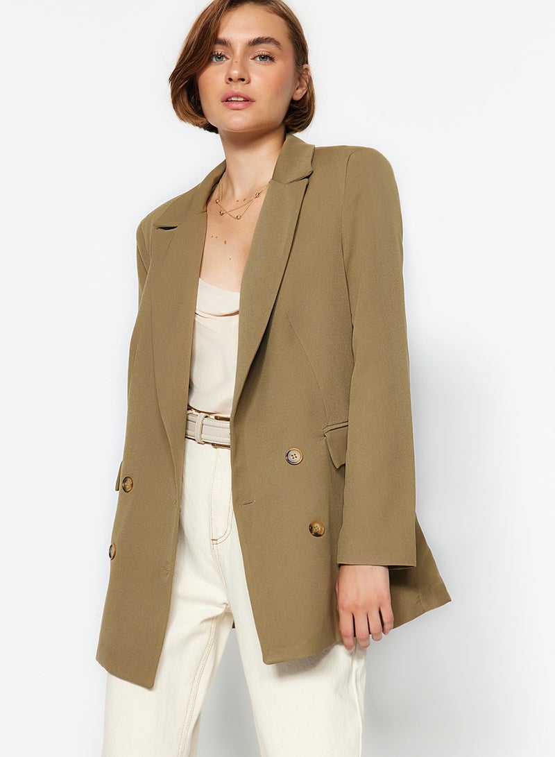 trendyol Light Khaki Oversize Lined Buttoned Woven Blazer Jacket TWOAW22CE0167 - Image 2