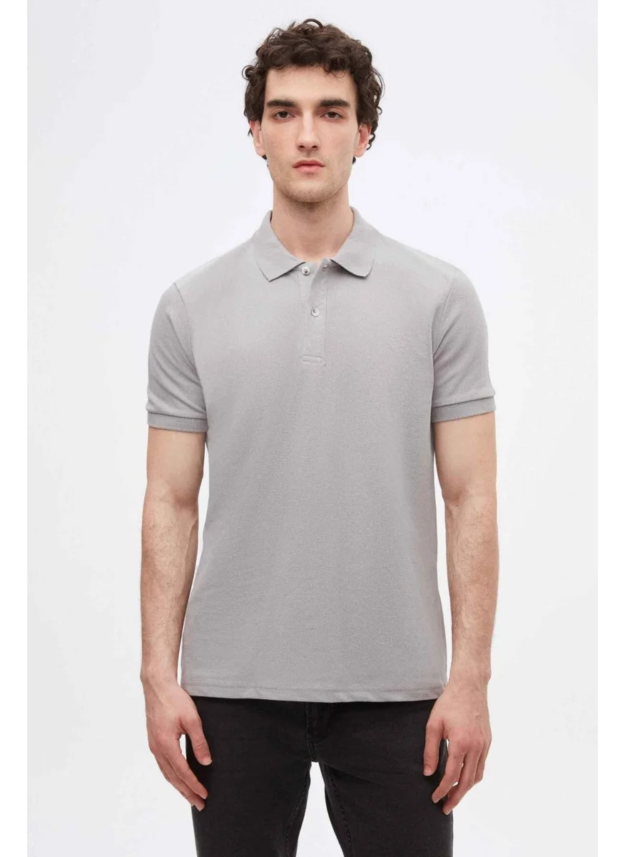 D'S DAMAT Regular Fit Gray Pique Textured 100% Cotton Non-Curl Polo Collar Embroidered T-Shirt 4HC14ORT51000