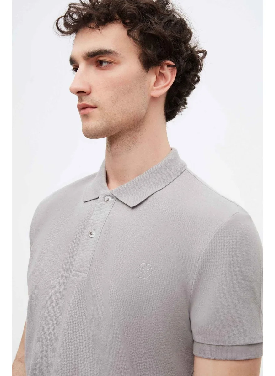 D'S DAMAT Regular Fit Gray Pique Textured 100% Cotton Non-Curl Polo Collar Embroidered T-Shirt 4HC14ORT51000