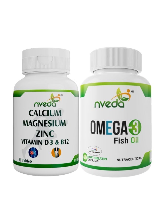 Omega 3 Capsule For Men & Women,Fish Oil 60 Capsules with Calcium,Magnesium,Zinc,Vitamin D & B12 for Healthy Heart,Eyes,Brain,Immunity,Bone & Joint Support,60 Tablets (Combo Pack),200 grams - Image 1