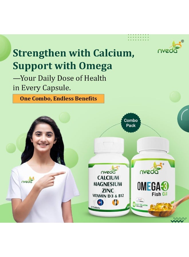 Omega 3 Capsule For Men & Women,Fish Oil 60 Capsules with Calcium,Magnesium,Zinc,Vitamin D & B12 for Healthy Heart,Eyes,Brain,Immunity,Bone & Joint Support,60 Tablets (Combo Pack),200 grams - Image 2