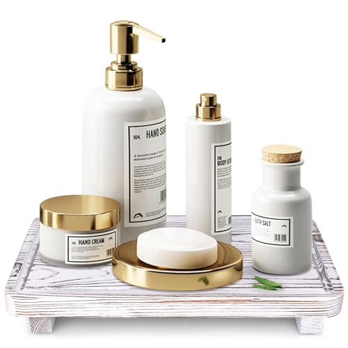 Gtencemen Bathroom Counter Tray Wood Pedestal Stand White Kitchen Countertop Trays Decorative Wooden Riser Display Stands Dish Soap Dispenser Holder for Bathroom Sink Accessories Kitchen Decor Vanity Tray - Image 1