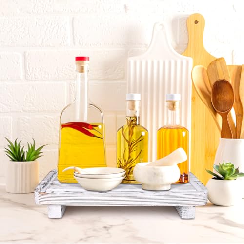 Gtencemen Bathroom Counter Tray Wood Pedestal Stand White Kitchen Countertop Trays Decorative Wooden Riser Display Stands Dish Soap Dispenser Holder for Bathroom Sink Accessories Kitchen Decor Vanity Tray - Image 3