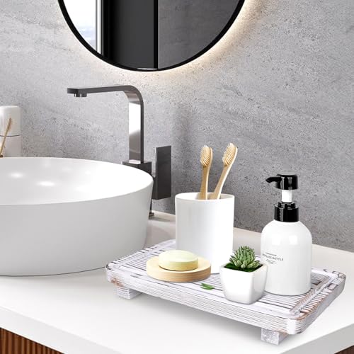 Gtencemen Bathroom Counter Tray Wood Pedestal Stand White Kitchen Countertop Trays Decorative Wooden Riser Display Stands Dish Soap Dispenser Holder for Bathroom Sink Accessories Kitchen Decor Vanity Tray - Image 2