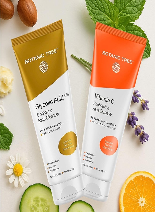 Botanic Tree مجموعة غسول الوجه المزدوج من بوتانيك تري - مجموعة منظف وجه لطيف من حمض الجليكوليك وغسول فيتامين سي للنساء والرجال - مجموعة مقشر طبيعي للبشرة الدهنية والجافة والحساسة - Image 1