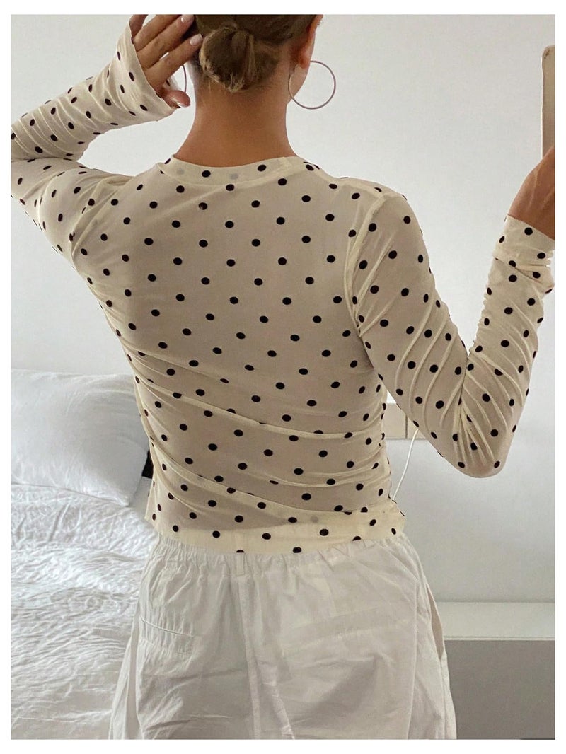 SHENHE Women's Polka Dots Sheer Mesh T Shirt Long Sleeve Round Neck Slim Fitted Streetwear Top Beige Small - Image 2