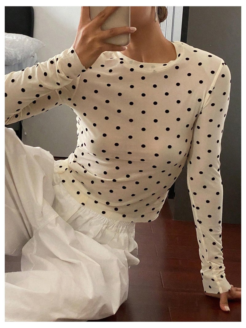 SHENHE Women's Polka Dots Sheer Mesh T Shirt Long Sleeve Round Neck Slim Fitted Streetwear Top Beige Small - Image 4