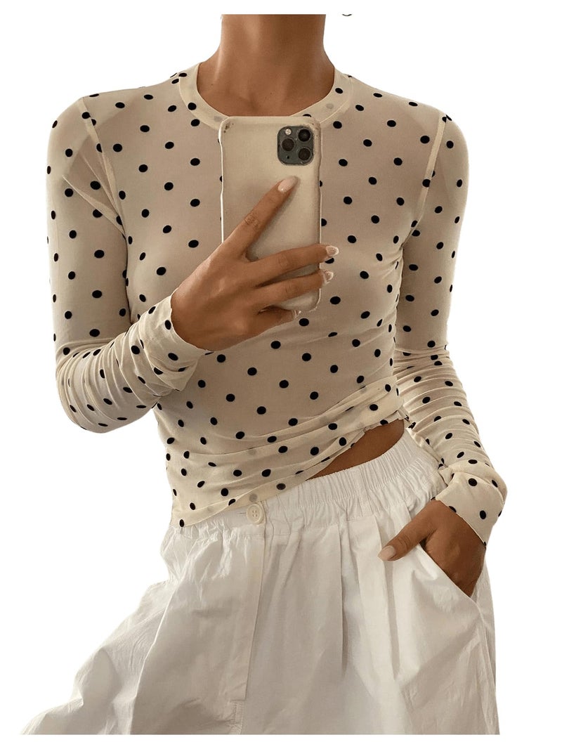 SHENHE Women's Polka Dots Sheer Mesh T Shirt Long Sleeve Round Neck Slim Fitted Streetwear Top Beige Small - Image 1